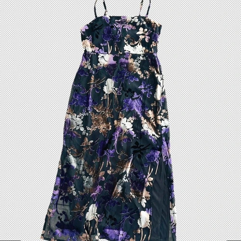 Taylor Floral Velvet Burnout Black and Purple Spagetti Strap  Midi Dress. Size 8 - Picture 15 of 15